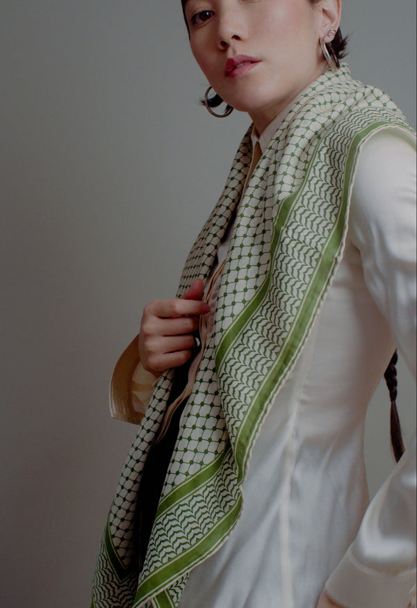 Large Silk/Cotton Palestine Kefiyyah Scarf (Olive) 40"x40"