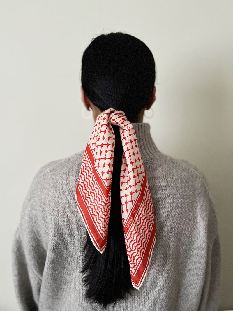 Small Silk/Cotton Palestine Kefiyyah Scarf (Red) 19"x19"
