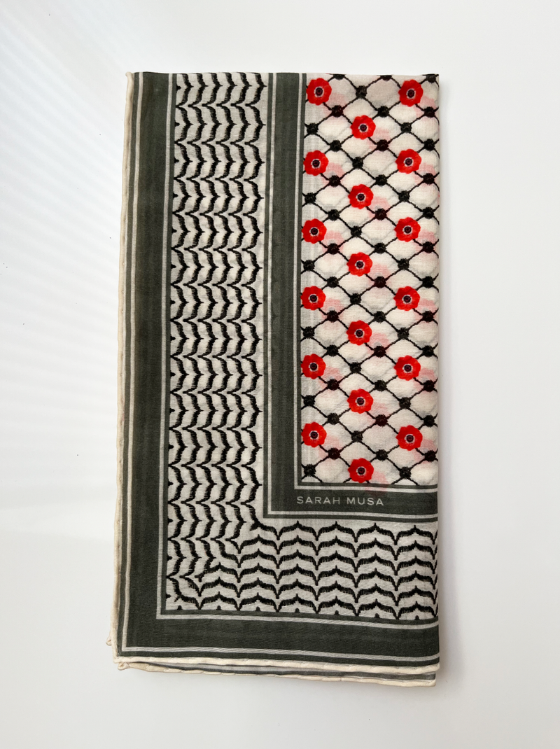Small Silk/Cotton Palestine Kefiyyah Scarf (Black Poppy) 19"x19"