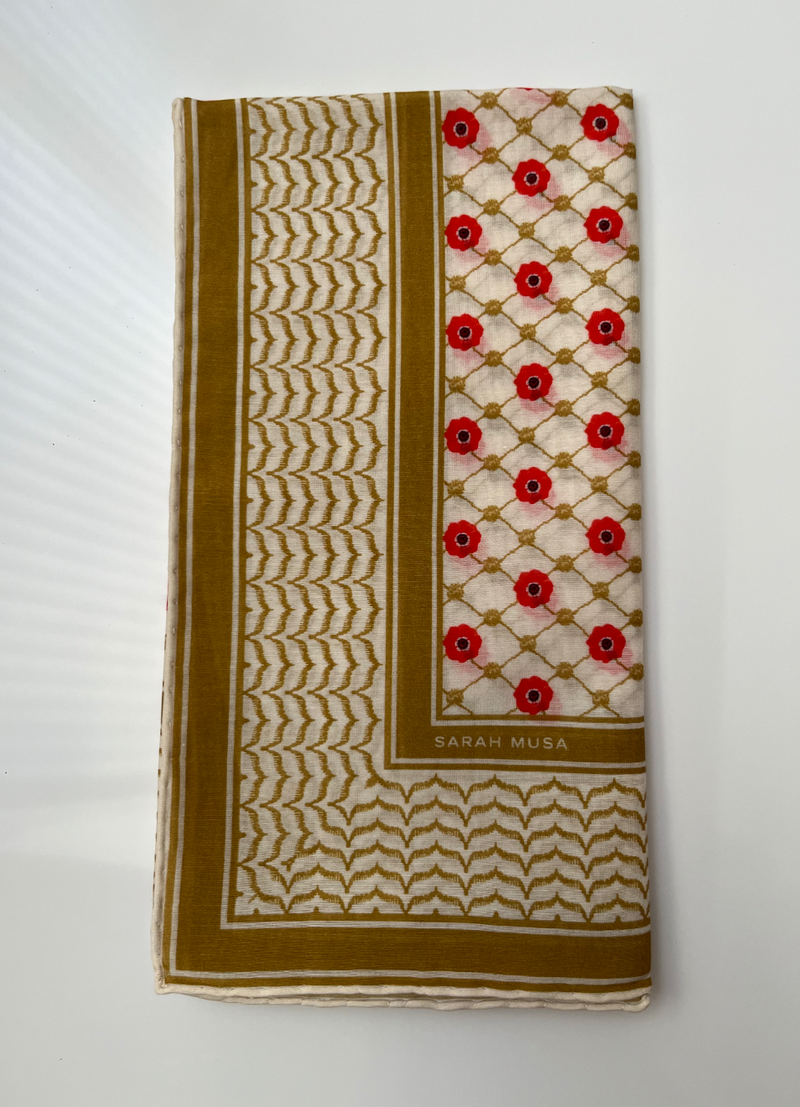 Small Silk/Cotton Palestine Kefiyyah Scarf (Gold Poppy) 19"x19"