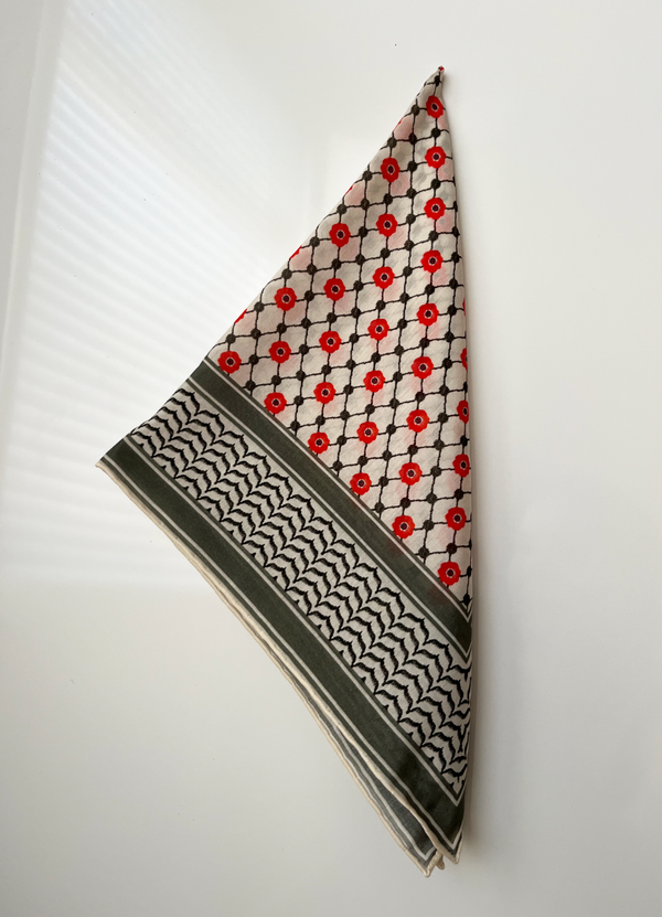 Small Silk/Cotton Palestine Kefiyyah Scarf (Black Poppy) 19"x19"