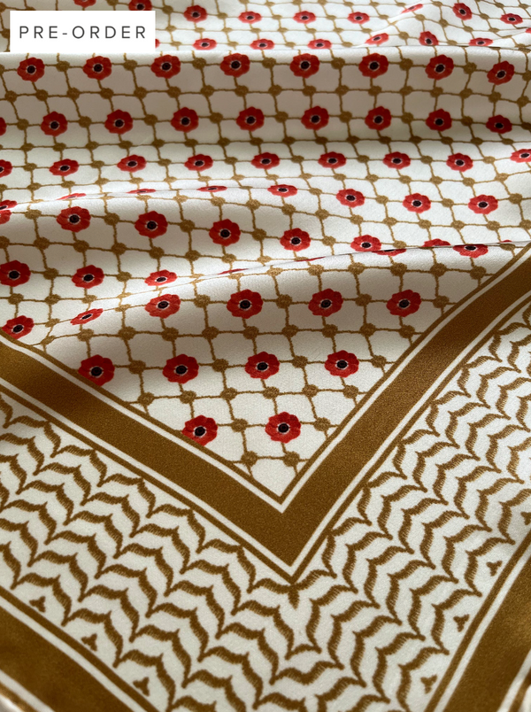 100% Silk Palestine Poppyseed Kefiyyah Scarf (Gold) 35"x35"