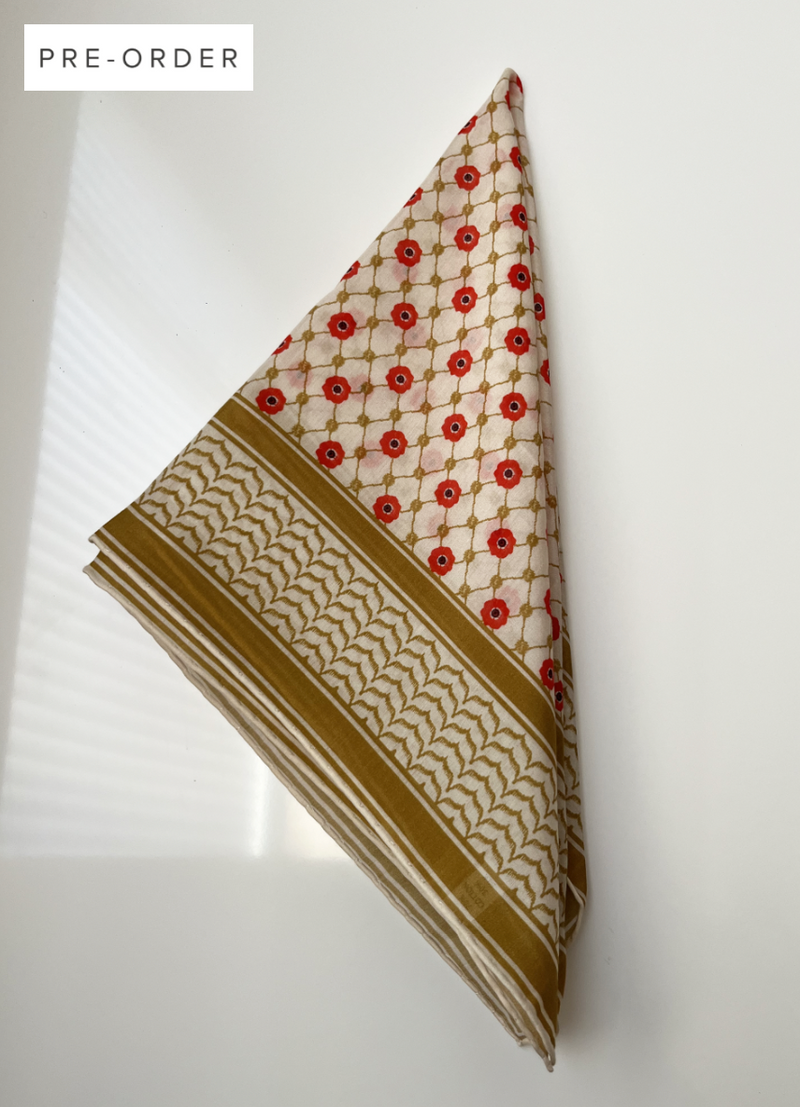 Small Silk/Cotton Palestine Kefiyyah Scarf (Gold Poppy) 19"x19"