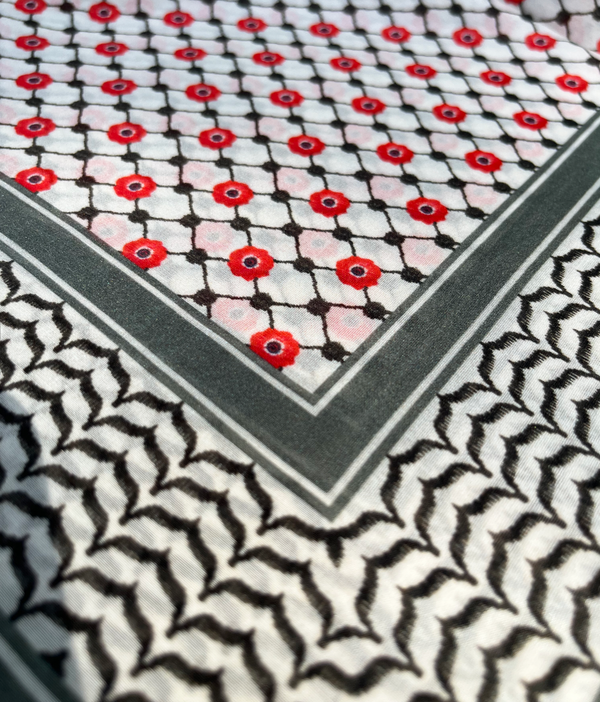 Large Silk/Cotton Palestine Kefiyyah Scarf (Black Poppy) 40"x40"