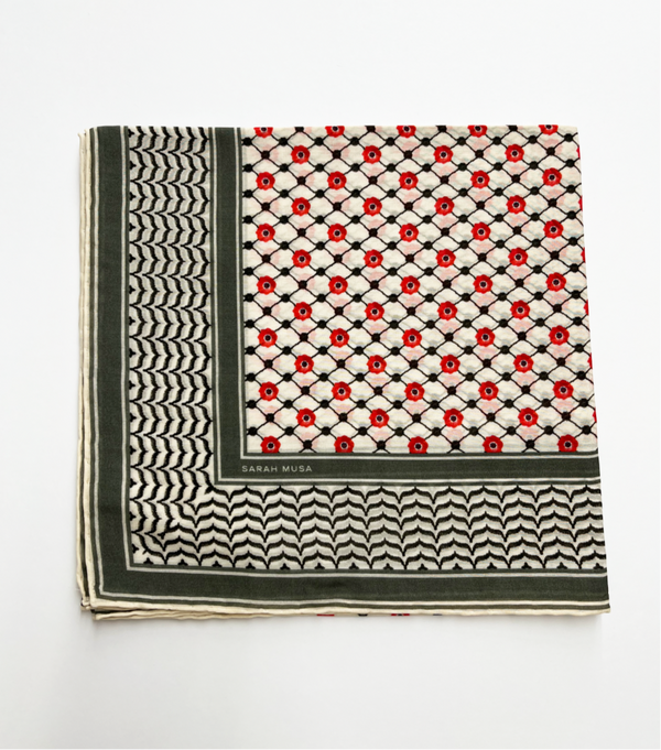 Large Silk/Cotton Palestine Kefiyyah Scarf (Black Poppy) 40"x40"