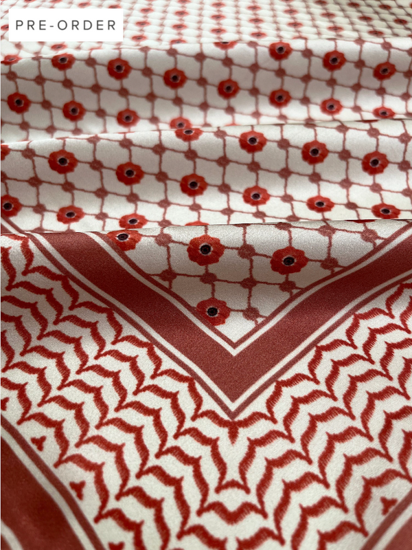 100% Silk Palestine Poppyseed Kefiyyah Scarf (Red) 35"x35"