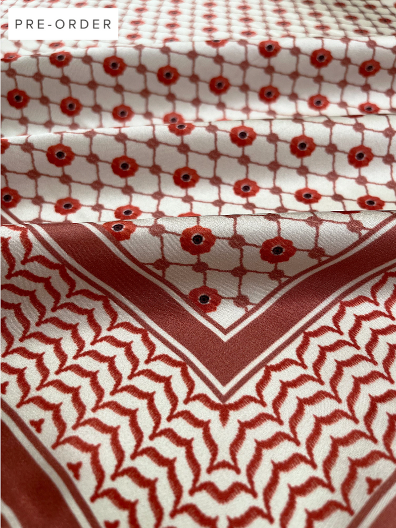 100% Silk Palestine Poppyseed Kefiyyah Scarf (Red) 35"x35"