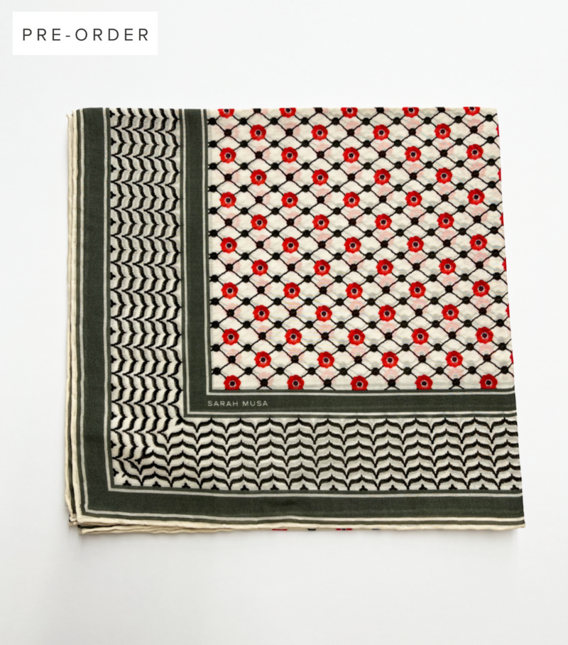 Large Silk/Cotton Palestine Kefiyyah Scarf (Black Poppy) 40"x40"