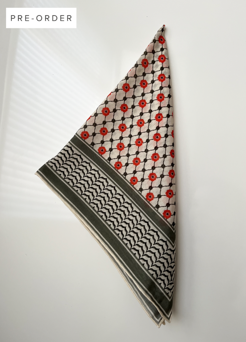 Small Silk/Cotton Palestine Kefiyyah Scarf (Black Poppy) 19"x19"